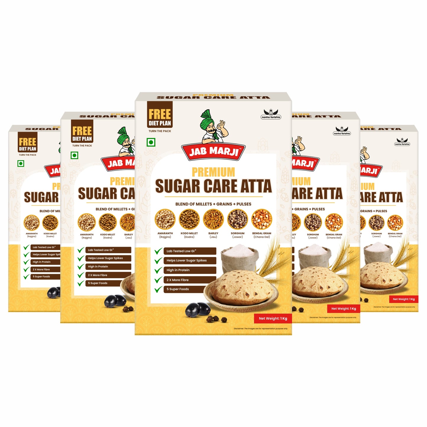 Multiple boxes of Jab Marji Premium Sugar Care Atta on a white background