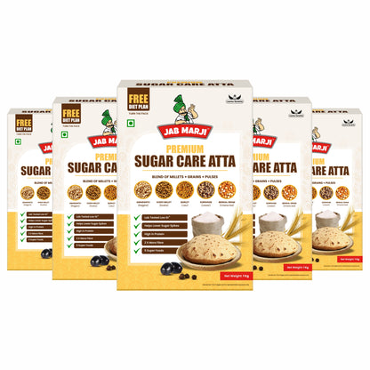 Multiple boxes of Jab Marji Premium Sugar Care Atta on a white background