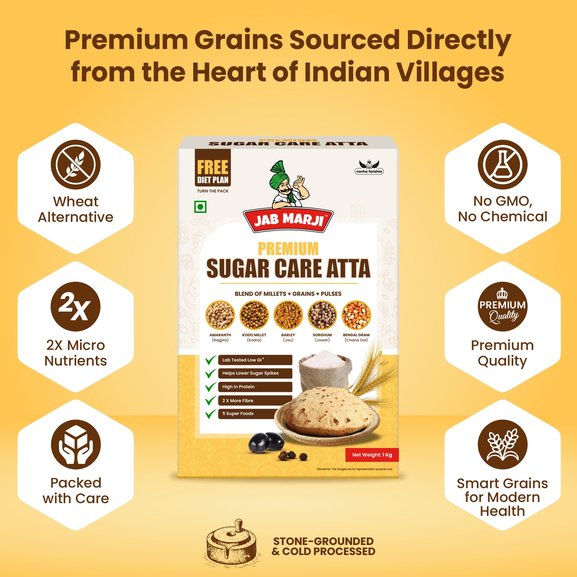 Jab Marj Premium Sugar Care Atta packaging with features on a yellow background