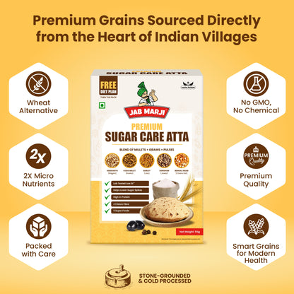 Jab Marj Premium Sugar Care Atta packaging with features on a yellow background