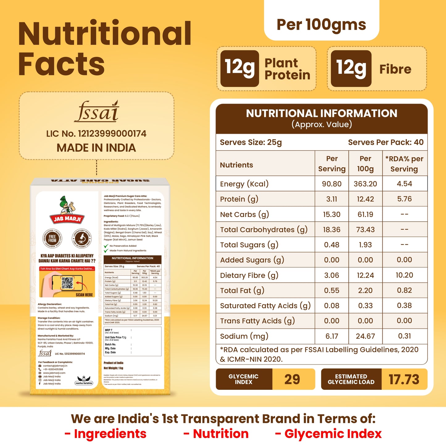 Nutritional facts label with plant protein and fiber content on a yellow background