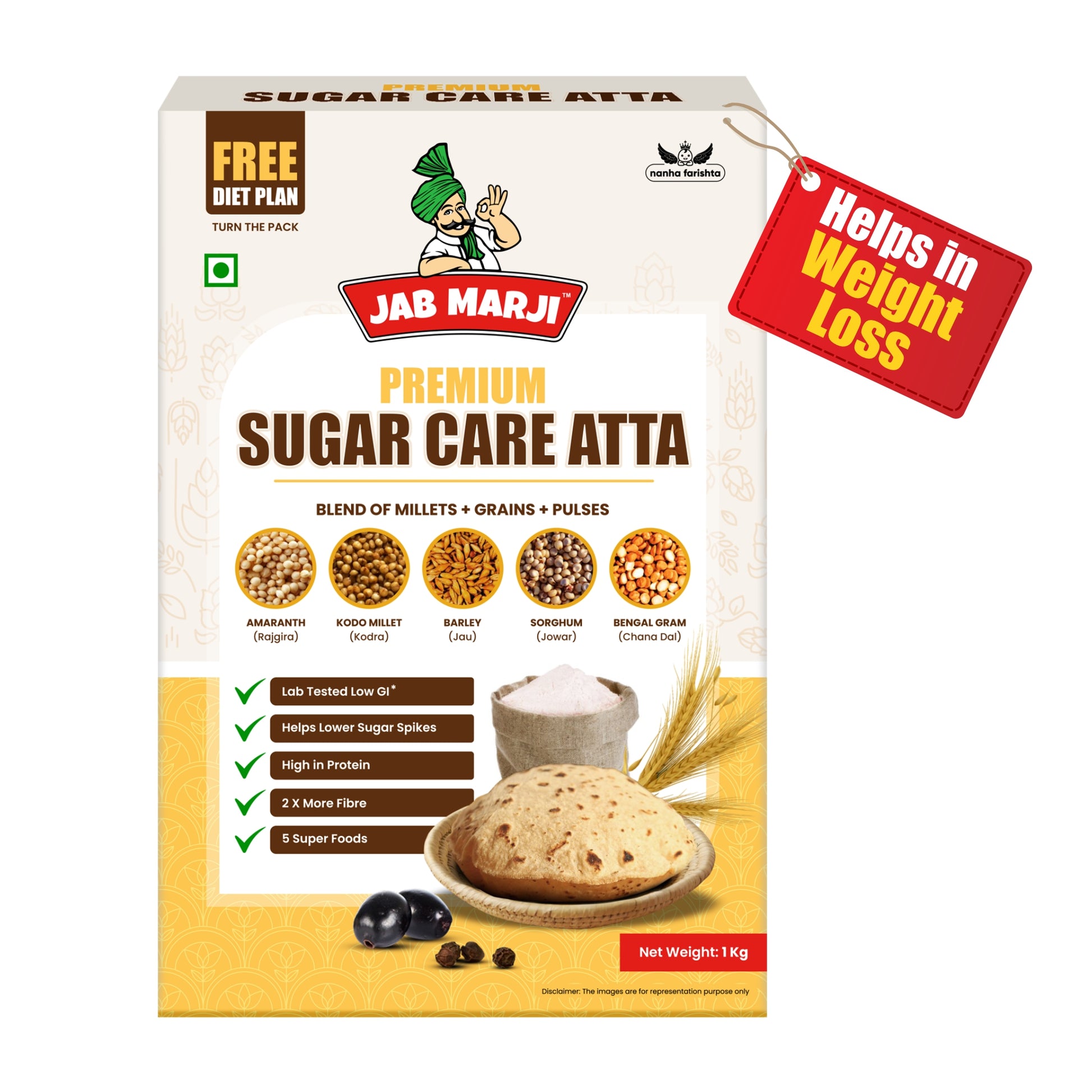 Jab Marji Premium Sugar Care Atta packaging with branding and product details on a white background.