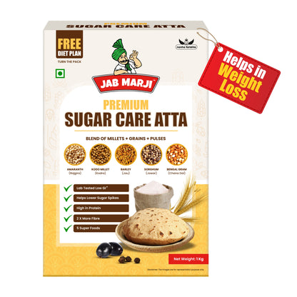 Jab Marji Premium Sugar Care Atta packaging with branding and product details on a white background.