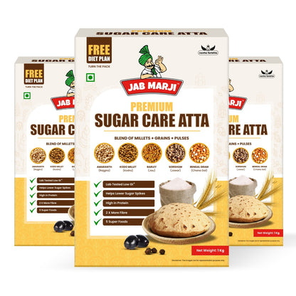 Jab Marji Sugar Care Atta (1Kg) | Easy To Digest | Premium Traditional Millets | No False Promises | 100% Vegan | High Protein & High Fibre | Clinically Certified Low Glycemic Index Atta | Sugar Control Multigrain Atta (1 Kg)